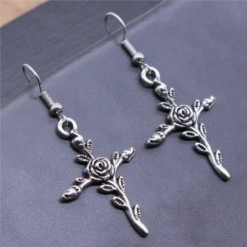 Vintage 2 Colors 35x23mm Flower Cross Charms Drop Earrings Fashion Handmade Women Earring