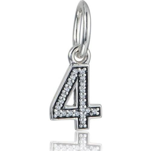 New 925 Sterling Silver Number Four Dangle Charms Pendant For Women Pave Zircon Charms Suitable for Brand Charm Bracelets
