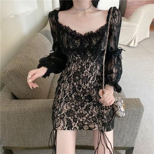 Spring and winter sexy drawstring lace bag hip skirt waist slim short dress women long sleeve nightclub dresses