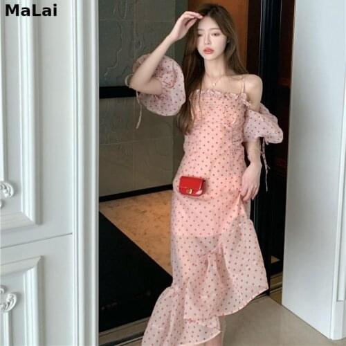 2021 Summer Midi Dress Elegant Vintage Korean Women High Waist Dot Casual Beach Party Strap Dress Female Flower One Piece Dress