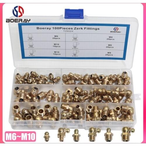 100pcs M6 M8 M10 Brass Zerk Straight and 90 Degree Grease Nipple Fitting Assortment Kits