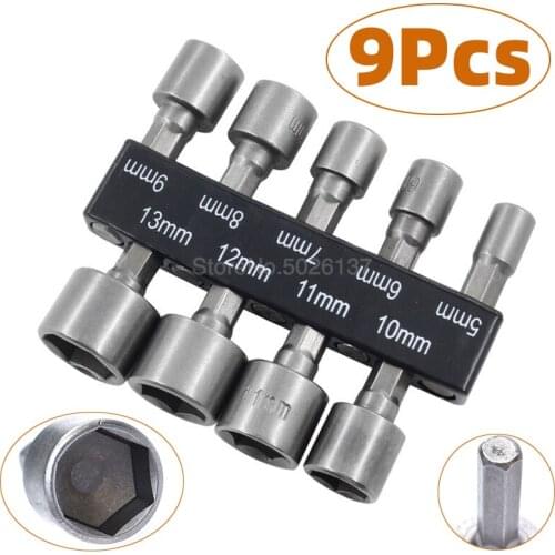 9 Pcs/set 5MM-13MM Hex Socket Sleeve Nozzles Nut Driver Set Power Shank Drill Bit Adapter Wrench Screw Tool