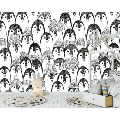 Beibehang Nordic modern minimalist hand-painted penguin animal line childrens room background wall decoration wallpaper mural