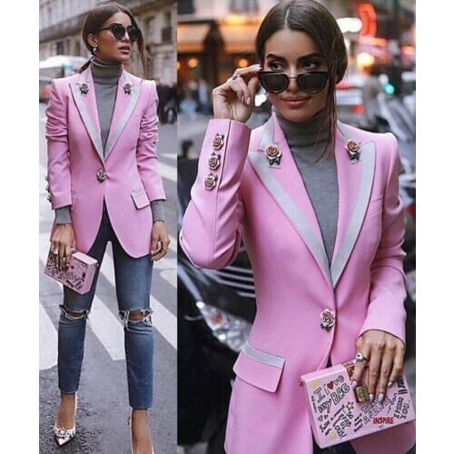 Pink Women Elegant Blazers Set Long Sleeve Custom Made Office Lady Two Piece Suits Work Outfits Matching Set (Jacket+Pants)