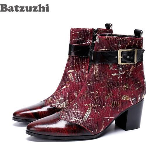 Batzuzhi 7cm High Heels Men Boots Wine Red/Black Party and Wedding Ankle Boots Men Pointed Toe Botas Hombre, Big Sizes 38-46