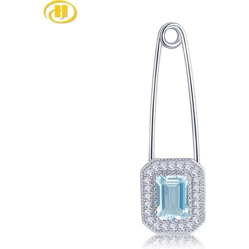 Natural 1.2 Carats Octogan Blue Topaz Solid 925 Sterling Silver Brooch Simple Style Party Anniversary Gift for Women