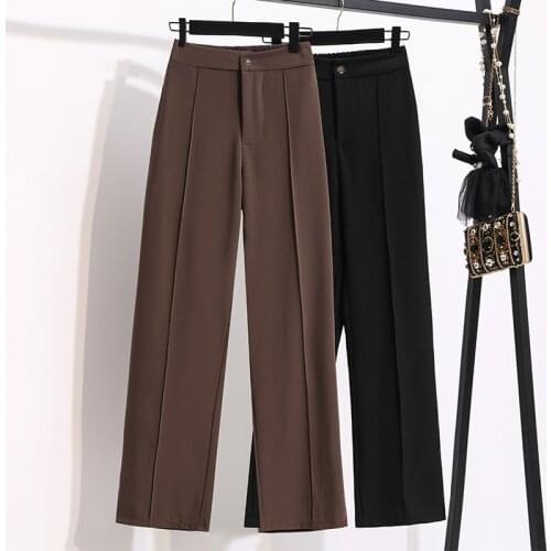 2021 Autumn Women Wide Leg Pants Straight Split Elastic Waist Black Coffee Solid Ladies Office Work Wear Trousers Clothes