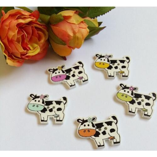 DIY 120pcs/lot Mixed Random Cows Patterns Cartoon Style Natural Wooden Buttons 2 Holes Sewing Fit Craft Scrapbooking