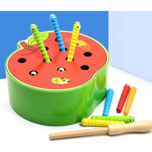 Funny Fruit Strawberry Shaped Catch Bal Insect Game Toy Montessori Wooden Magnetic Stick Worm Educational Toy for Kids Baby gift
