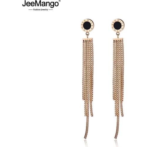 JeeMango New Arrive Rose Gold Color Black classic round Roman numerals tassels Titanium Steel Womens Earrings Gift JE17064