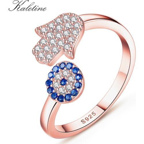 KALETINE Hamsa Hand Fatima Evil Eye Ring 925 Sterling Silver Blue Zircon Eyes Lucky Turkish Open Size Ring Engagement Jewelry