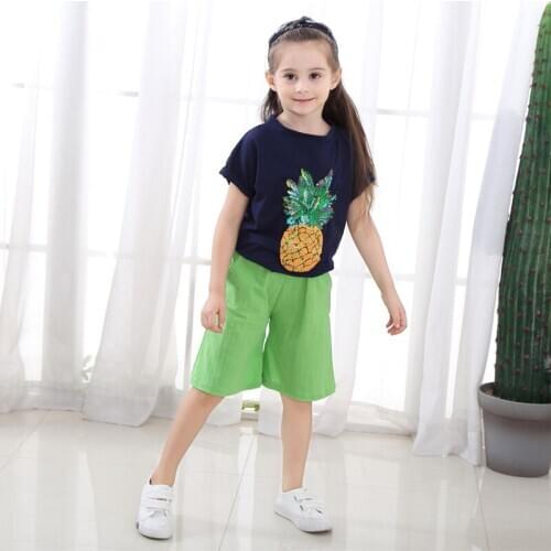 MERI AMMI 2pcs Children Summer Clothing Outfit Outwear Pineapple Fruits Tee+Loose Cozy Cut-off Pants For 2-10 Year Girl,J517