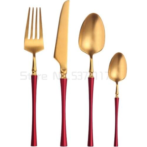 Kitchen Tableware Cutlery 20pieces Knife Fork Spoon Set Red Golden Restaurant Dinnerware Luxury Cutlery Dinner Set