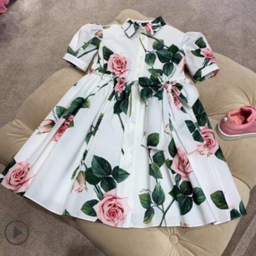 Baby girl summer vintage printed shiirt dress kids puff sleeve small fresh casual lapel dress a-line