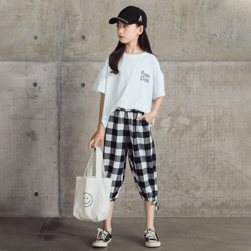 Girls Summer Short-sleeved Suit 2021 New Teen Girl Plaid Cropped Trousers+Sports Leisure Cotton Letter T-shirt Tracksuit 2pcs