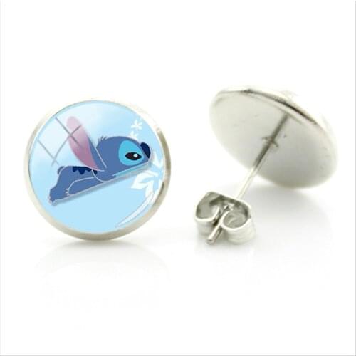 Disney Stitch Free Flying Pattern Stud Earrings Animated Pattern Earrings Glass Image Cabochon Trendy Fashion Metal Earrings