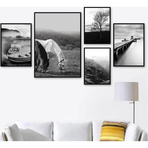 Black And White Horse Animal Wall Art Poster Boat Wharf Art Prints Mountain Tree Canvas Painting Nordic Picture Home Decoration