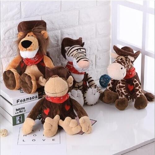 New 25cm 35cm 50cm Cowboy Series Plush Toy Animal Lion Tiger Giraffe Monkey Children Birthday Gift 1pcs Christmas Presents