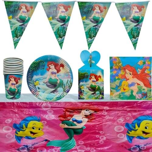 Disney Mermaid Princess Kids Birthday Party Disposable Tableware Cup Plate Napkin Birthday Party Decorations Supplies Set