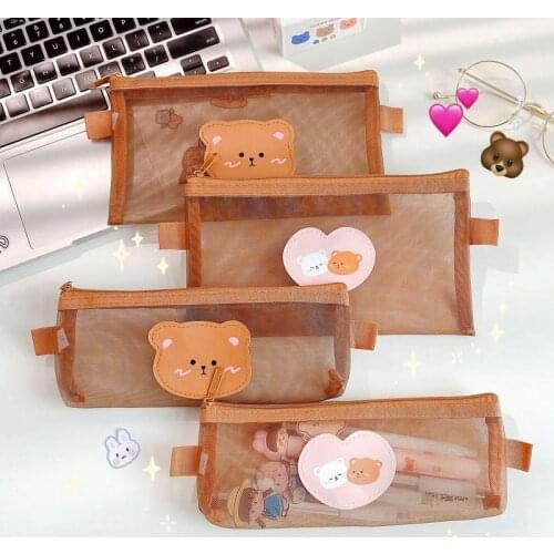 Transparent Mesh Pencil Case Cute Bear Brown Pouches Stationery Student Pencil Bag Large Capacity Storage Kawaii Bag