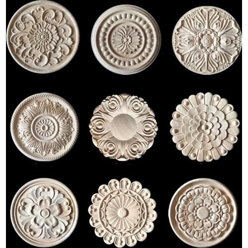 Carved Flower Wood Carving Natural Wood Appliques for Furniture Cabinet Unpainted Wooden Mouldings Decal Decorative Figurine