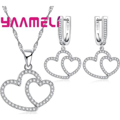 Romantic 925 Sterling Silver Crystal Heart To Heart Pendant Necklace Stud Earrings Propose Appointment For Women