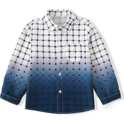 2021 childrens fashion spring and autumn Lapel Plaid gradient shirt mens Korean cotton white Long Sleeve Shirt