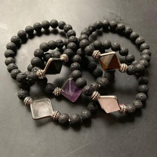 Handmade Chakra Pyramid Stone Bracelet Lava Stone Men Women Natural Volcanic Stone Tibetan Silver Beads Decor