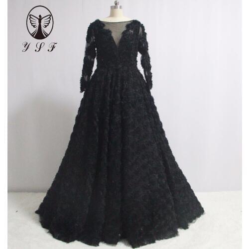 Sexy Vestidos De Fiesta Black O Neck Beaded Sequins Long Sleeve Floral Lace Backless Evening Dresses 2017