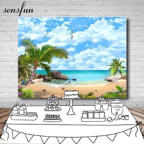 Sensfun Summer Ocean Backdrop Tropical Trees Clouds Sky Blue Beach Birthday Party Backgrounds For Photo Studio Vinyl