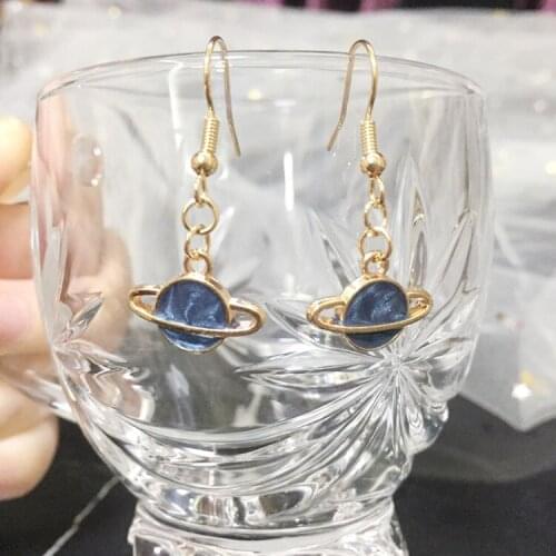 1 Pairs Creative Cute Design Blue Mini Universe Planet Star Drop Earrings For Women Girls Hollow Circle Pendant Jewelry