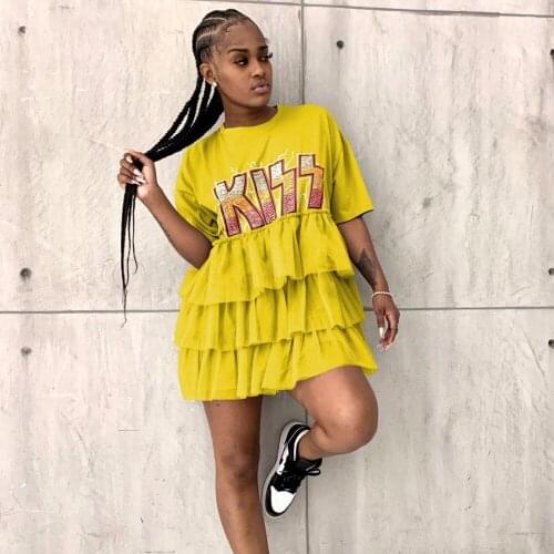Loose Casual Short Sleeve Mini Dress Women 2021 Summer O-neck Yellow Ruffles Big Hem Beach Dresses For Woman Femme Robe