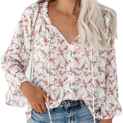 2021 Ladies Fashion Hot Sale High Quality Factory Price Floral Chiffon Shirt Bohemian Ruffled V-neck Flared Sleeve Top Women