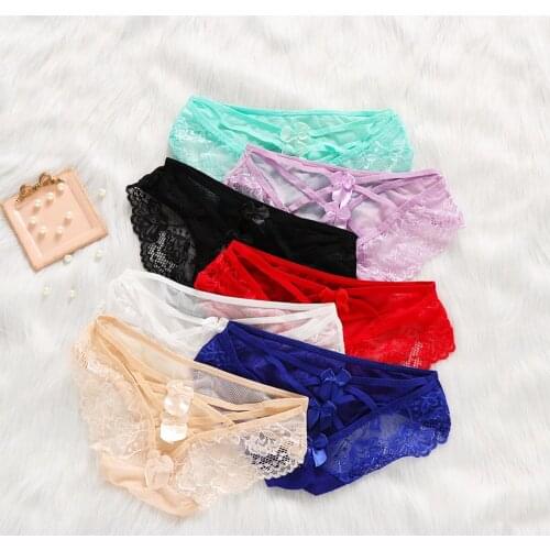 Women Sexy Lace Panties Hollow Cross Transparent Bandage Low Rise Knickers Bowknot G-String Briefs Underwear Intimates