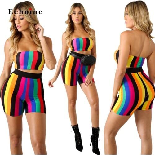 Women Two Piece Set Stripe Print Multicolor Sexy Strapeless Sleeveless Color Block Swimwear Crop Tops Short Pants Suit Clothes