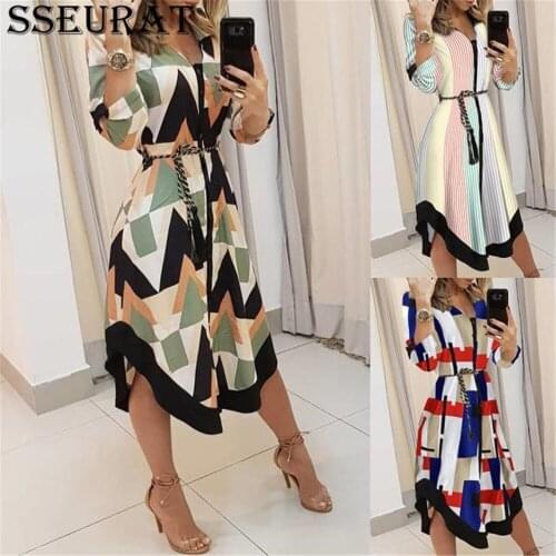 SSEURAT Autumn Lady Womens Shirt Dress Print Long Sleeve V-neck Casual Loose Holiday Midi Dress