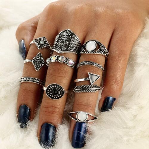 10 pcs/set Vintage Bohemian Knuckle Rings Statement Jewelry Arrow Leaf Crystal Totem Finger Rings Accessories For Women Men Gift