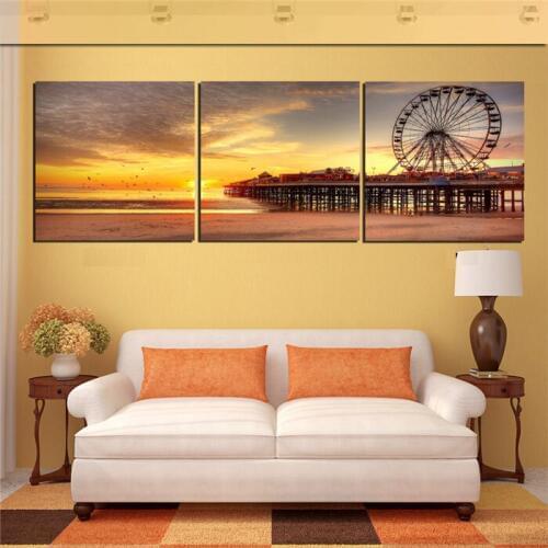 3 Pieces Landscape Oil Painting Paint On Canvas Prints City Night Wall Art Sunset Scenery Pictures For Living Room Decoration