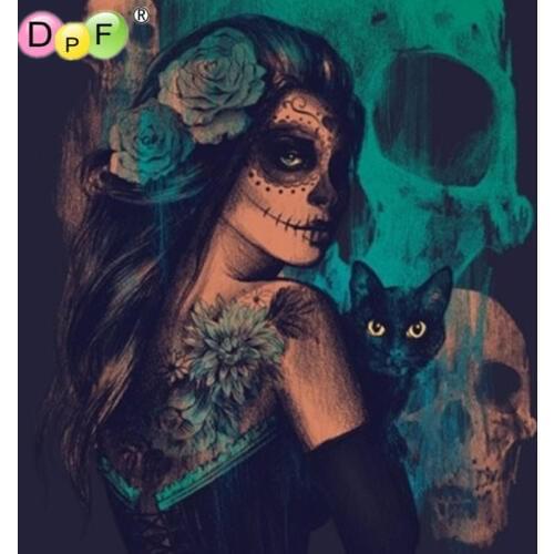 Diamond Painting Skull Cat Woman Cross Stitch Horror Halloween Needlework Home Decor Full Square Diamond Embroidery Mosaic paint