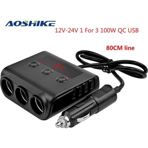 AOSHIKE 3 Way Car Cigarette Lighter Adapter 12V-24V Socket Splitter Plug LED 4 USB Charger Adapter 2.4A 100W For Phone MP3 DVR