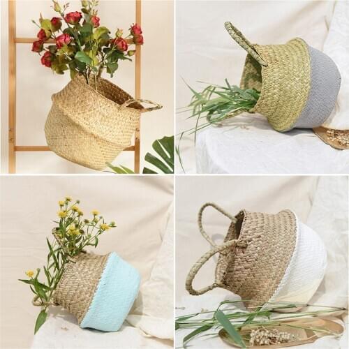 Bamboo Storage Baskets Foldable Laundry Straw Patchwork Wicker Rattan Seagrass Belly Garden Flower Pot Planter Handmade Basket