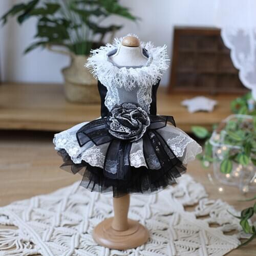 Free Shipping Handmade Dog Clothes Dog Dress Classic Black White Lace Rose Party Evening Gown Poodle Maltese Yorkie Drop Shiping