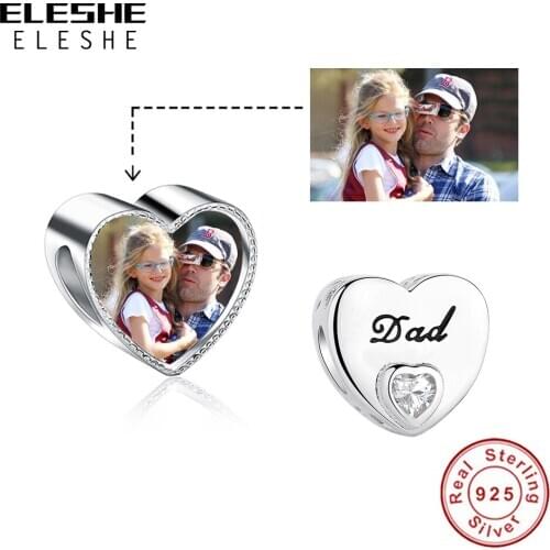 ELESHE 925 Sterling Silver Heart Photo Bead I Love Dad Personalized Customize Charm Fit Original Bracelet Bangle DIY Jewelry