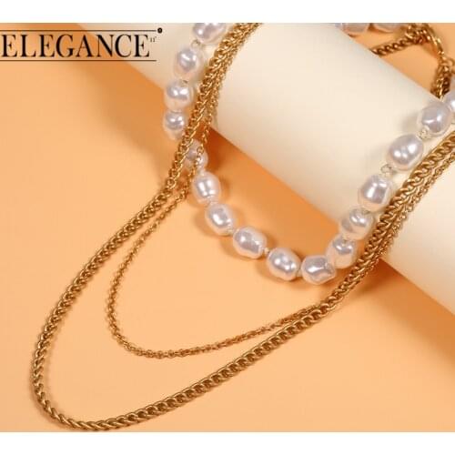ELEGANCE11 Women Pearl Necklace Multilayer Gold Letter O Shaped Chain Irregular Jewelry Sweater Chain Temperament Jewelry Gift
