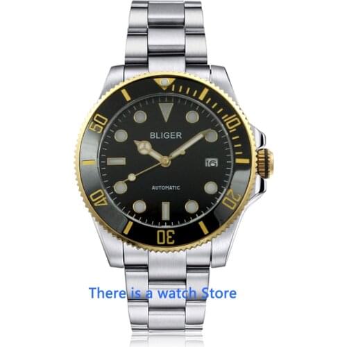 BLIGER 43mm Black Dial Mens Mechanical Watch Silver Case Sapphire Glass Ceramic Bezel NH35A Movement Automatic Watch Men