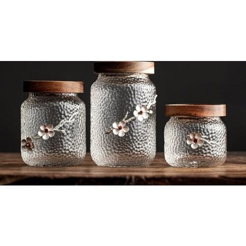 Wooden Cover Tea Caddy Relief Plum Blossom Tea Can Glass Storage Sealed Canister Hammer Pattern Portable Storage Tank Single Jar