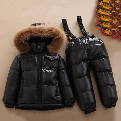 Children Winter Warm Clothing Big Nature Fur Hoodie Boys -30 Degree Russia Winter Snowsuit 90% White Duck Down Jacket Girls Suit