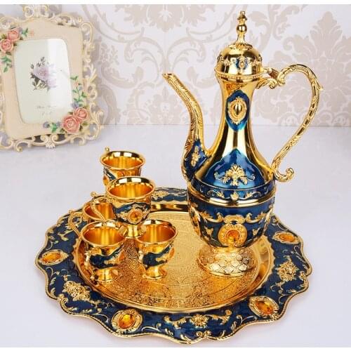 European retro wine pot Russian colored tin wine with wine glass alloy six cup set home hotel bar decoration