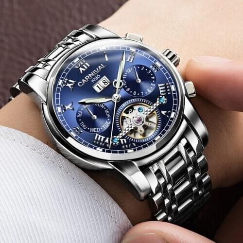 CARNIVAL Fashion Business Mens Tourbillon Watch Unique Charm Mens Gift stainless steel high grade Automatic Mechanical Watches