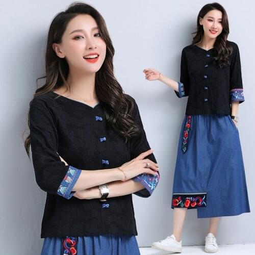 Summer Chinese Style Clothes Women Flower Embroidery Retro Button Shirt Loose Top Female Pleated Skirt Ladies Fashion Dresses